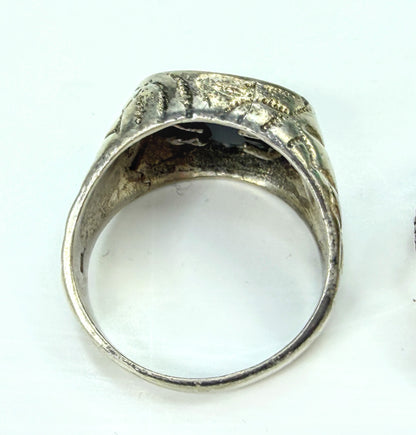 Vintage 925 Sterling Silver Carved Eagle Onyx Signet Ring Size 12 JR1964