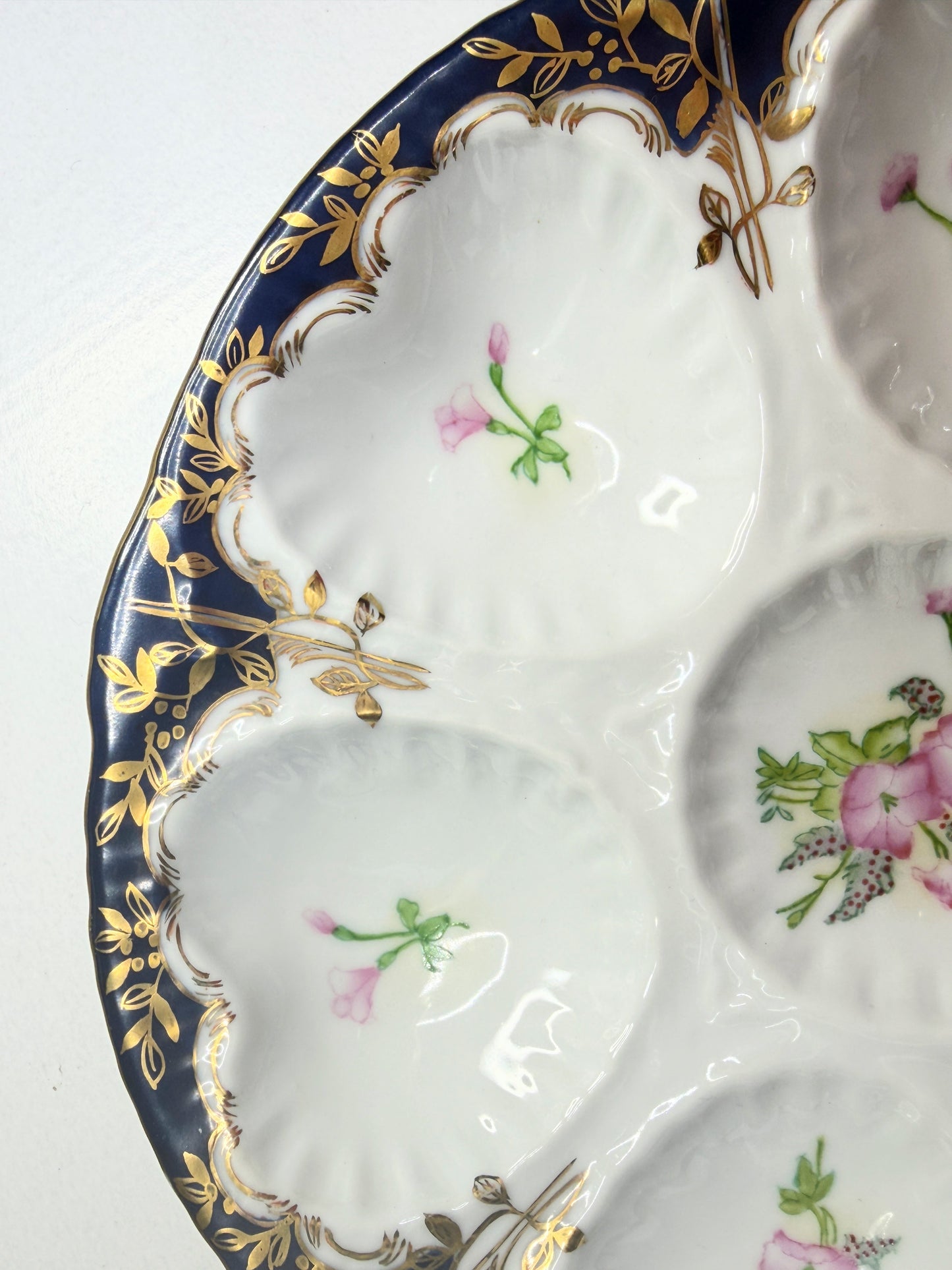 Antique Limoges oyster plate, cobalt blue rim with gold gilt pink florals A742