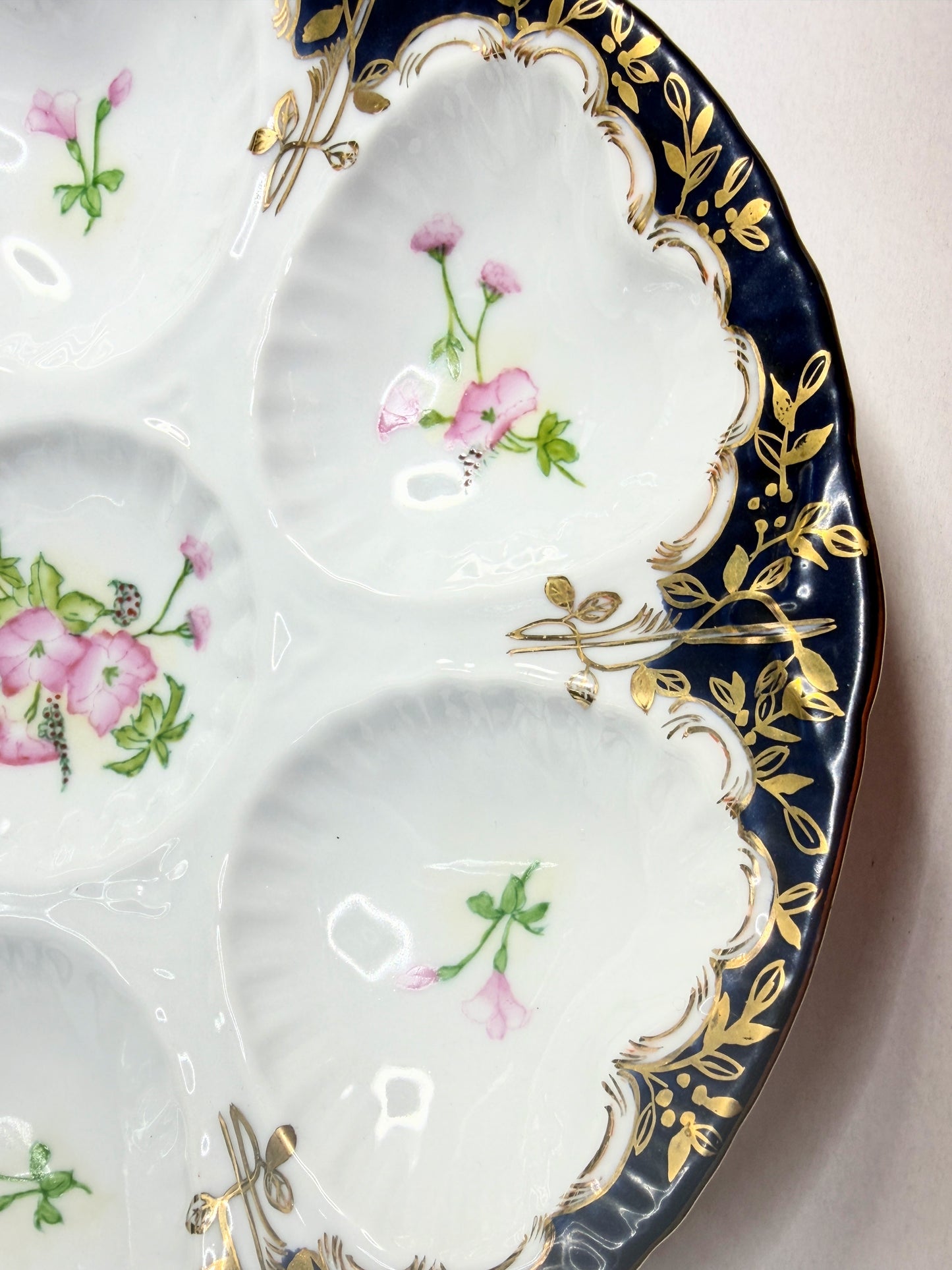 Antique Limoges oyster plate, cobalt blue rim with gold gilt pink florals A742
