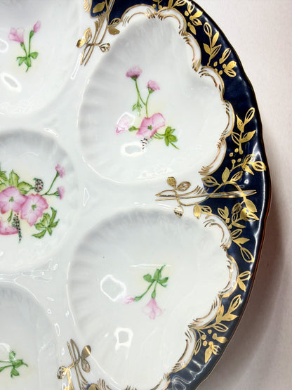 Antique Limoges oyster plate, cobalt blue rim with gold gilt pink florals A742