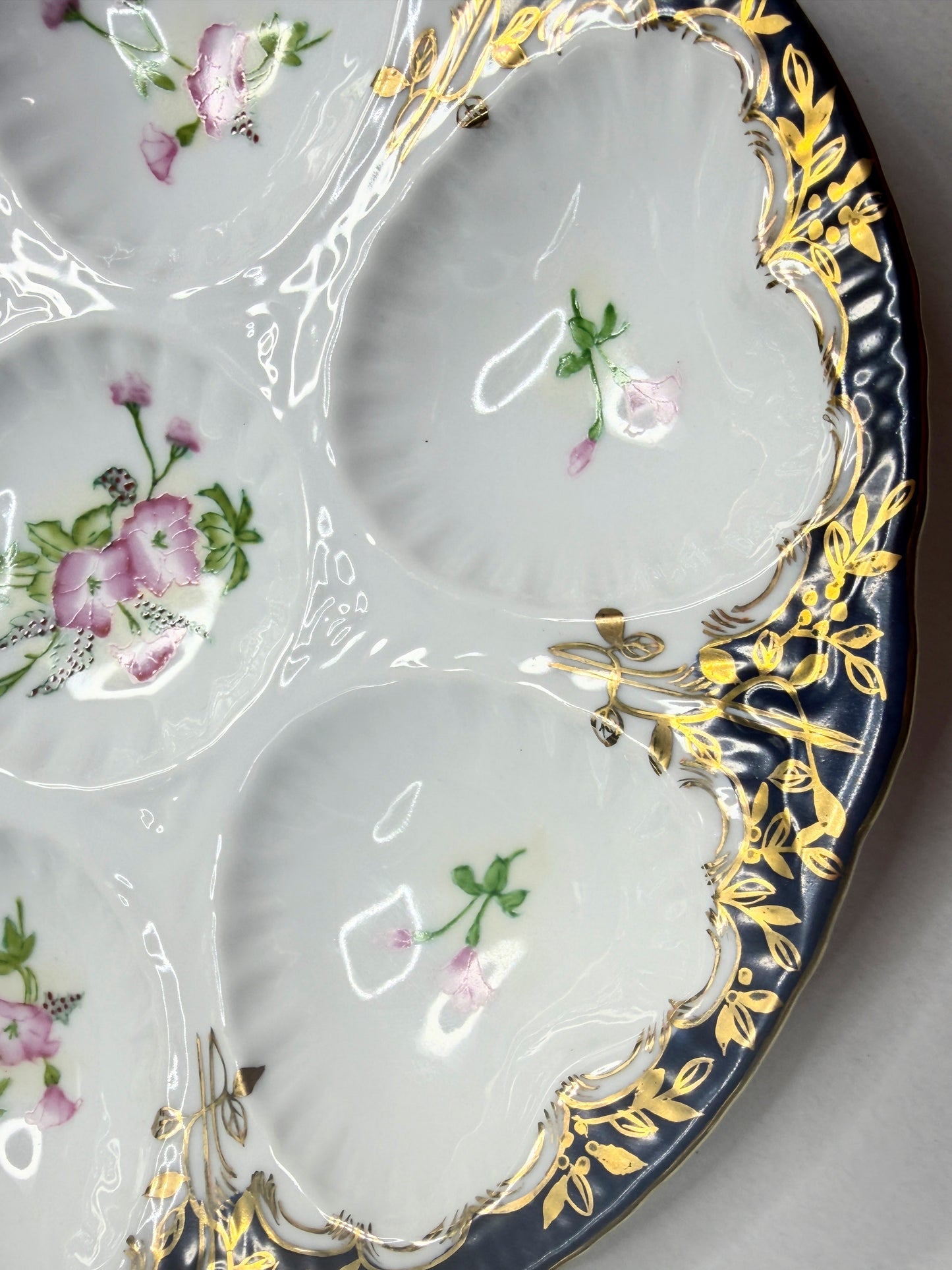 Antique Limoges oyster plate, cobalt blue rim with gold gilt pink florals A742