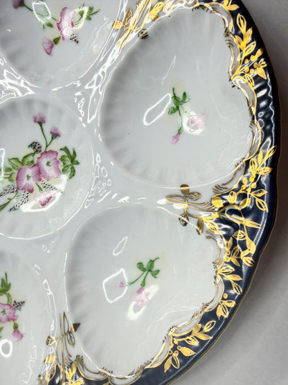 Antique Limoges oyster plate, cobalt blue rim with gold gilt pink florals A742