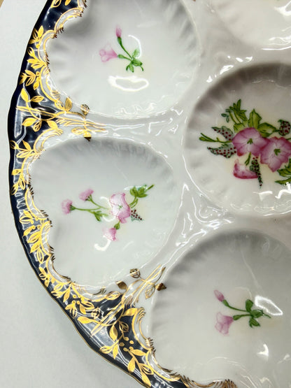 Antique Limoges oyster plate, cobalt blue rim with gold gilt pink florals A742