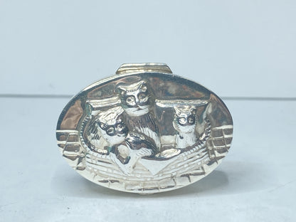 Sterling Silver 925 Vintage Oval Cat Cute Family Mini Pill Box Case 1 7/8" SS132