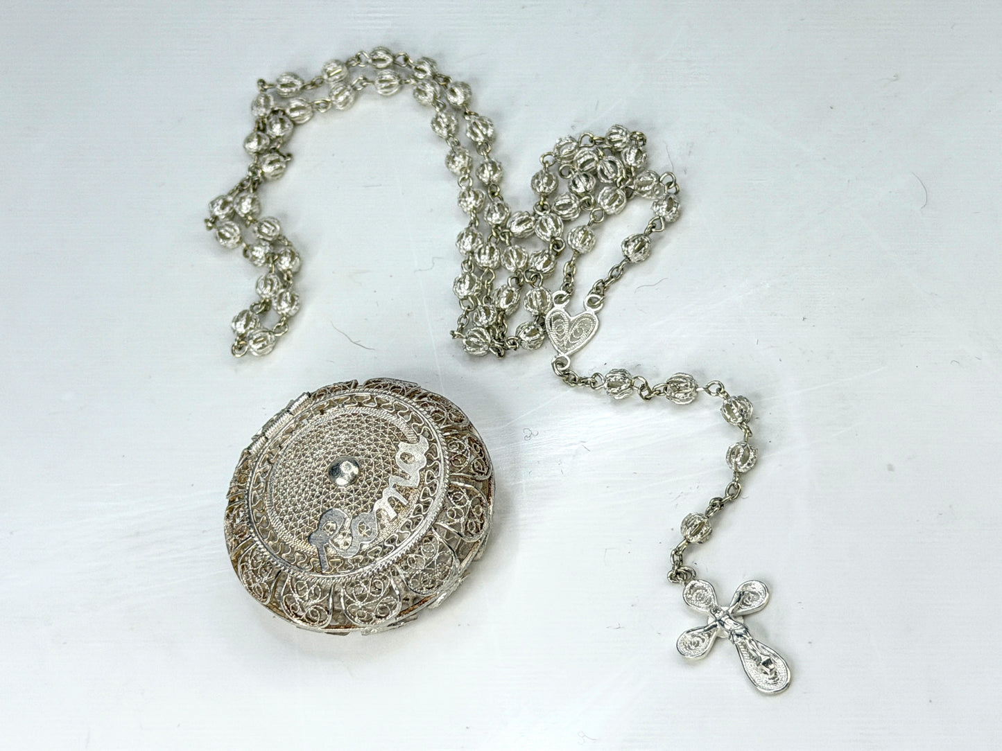 Vintage Sterling Silver Filigree Rosary Roma Hinged Box Cross 18g JR1970