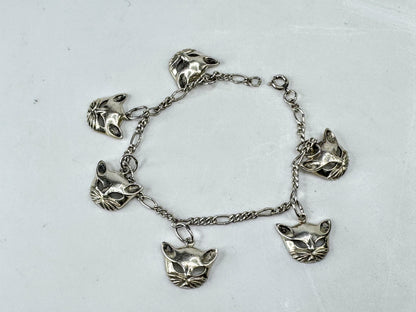 Vintage Sterling Silver Cat Head Charm Bracelet 7" Figural Feline 11.2g JR2081