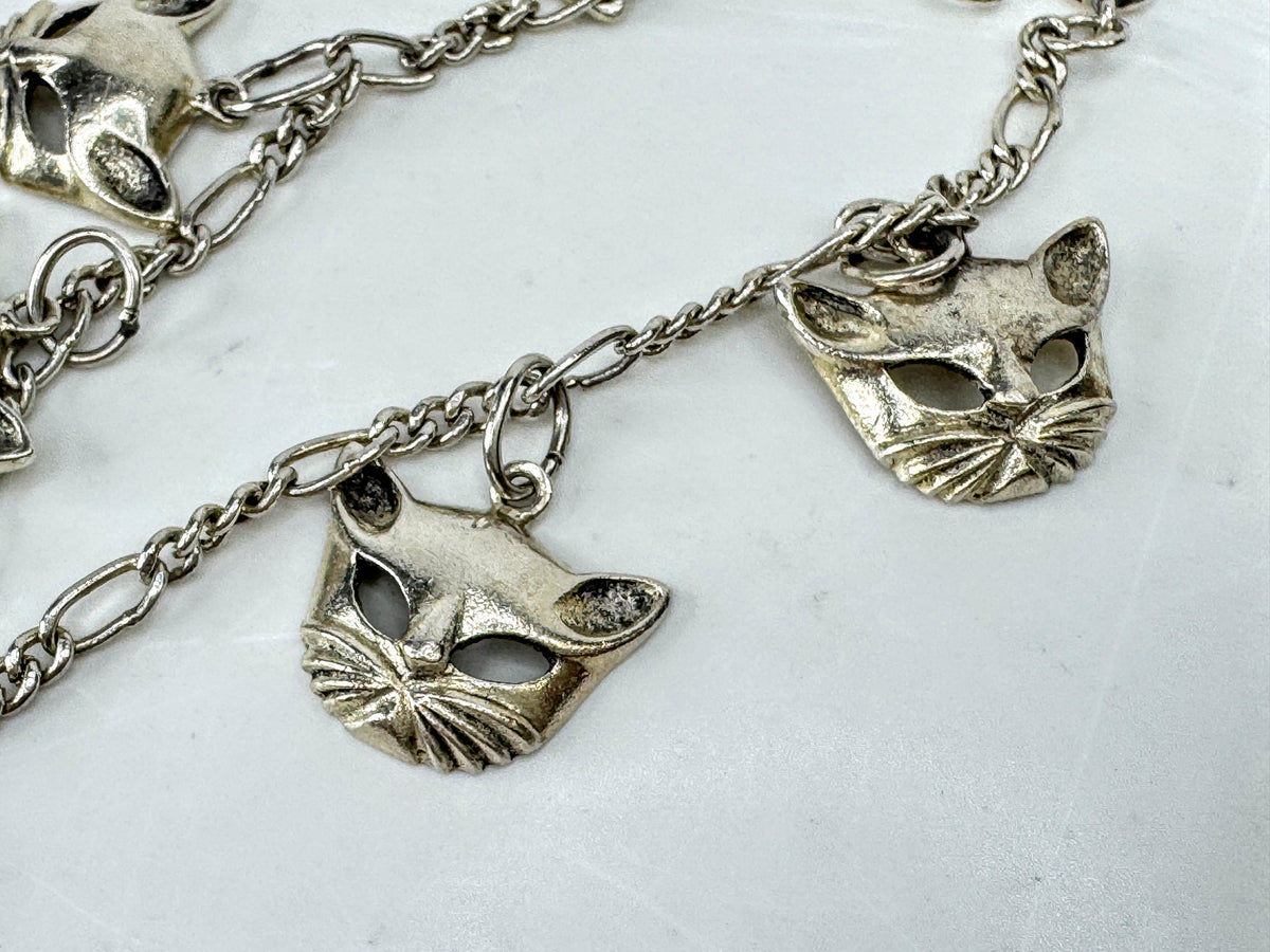 Vintage Sterling Silver Cat Head Charm Bracelet 7" Figural Feline 11.2g JR2081