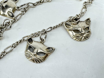 Vintage Sterling Silver Cat Head Charm Bracelet 7" Figural Feline 11.2g JR2081