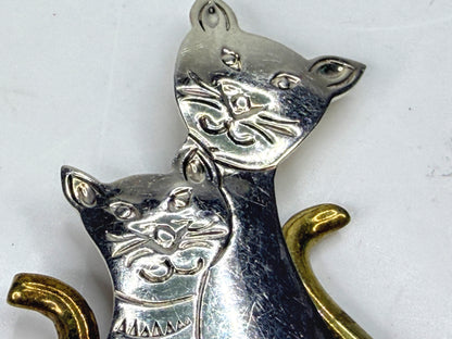 Vintage Mexican Sterling Silver Two Cats Brooch Mixed Metal 1 5/8" JR1971