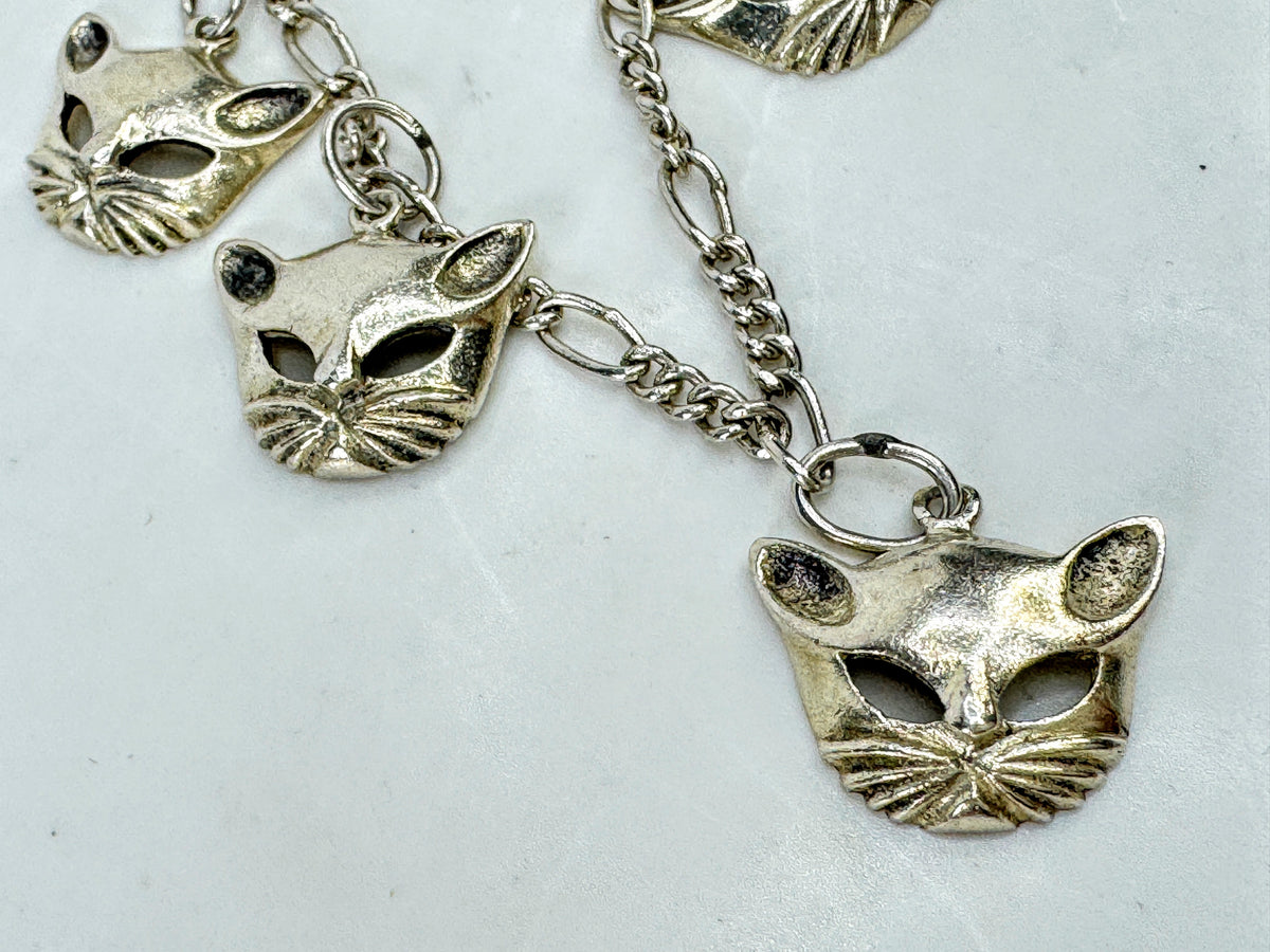 Vintage Sterling Silver Cat Head Charm Bracelet 7" Figural Feline 11.2g JR2081