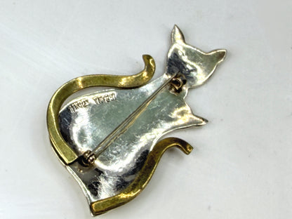 Vintage Mexican Sterling Silver Two Cats Brooch Mixed Metal 1 5/8" JR1971