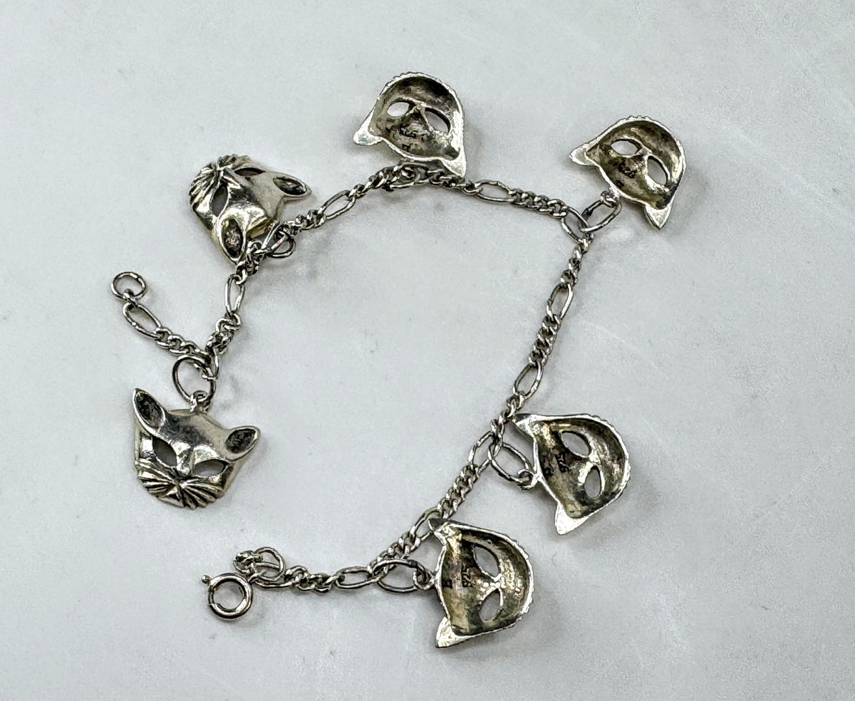 Vintage Sterling Silver Cat Head Charm Bracelet 7" Figural Feline 11.2g JR2081