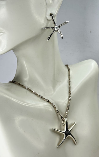 Sterling Silver Starfish Pendant Necklace & Earrings Set 18"x1 3/8" 13.4g JR2085