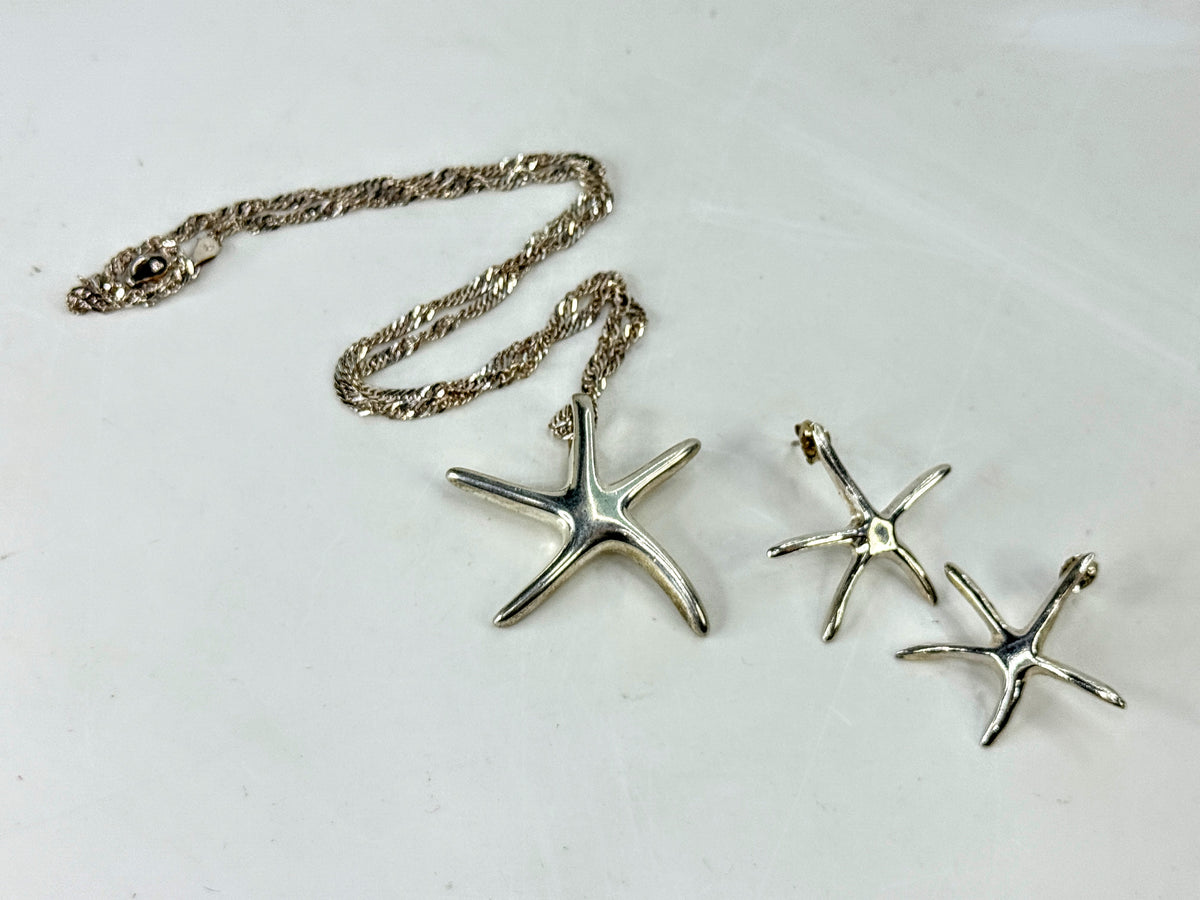 Sterling Silver Starfish Pendant Necklace & Earrings Set 18"x1 3/8" 13.4g JR2085