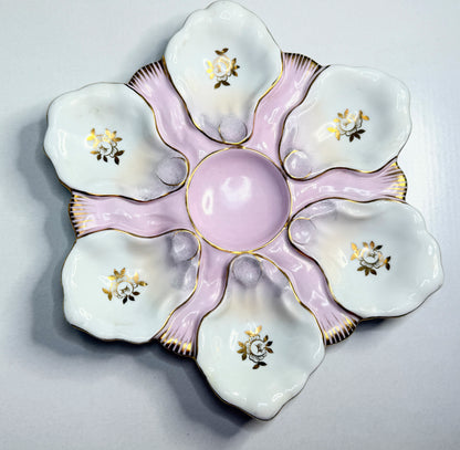 Majolica Scalloped Oyster Plate by Two’s Company Mt Vernon NY Pink & Gold A747