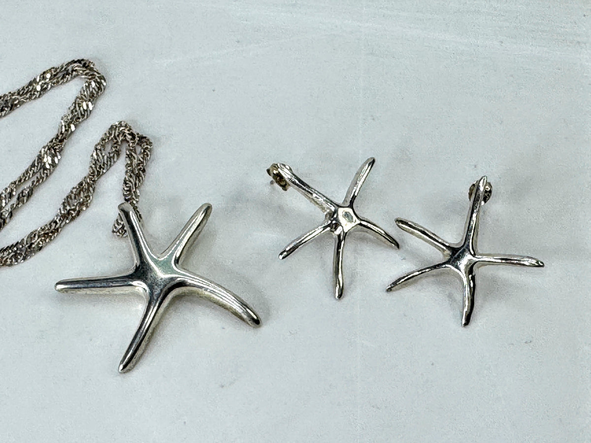 Sterling Silver Starfish Pendant Necklace & Earrings Set 18"x1 3/8" 13.4g JR2085