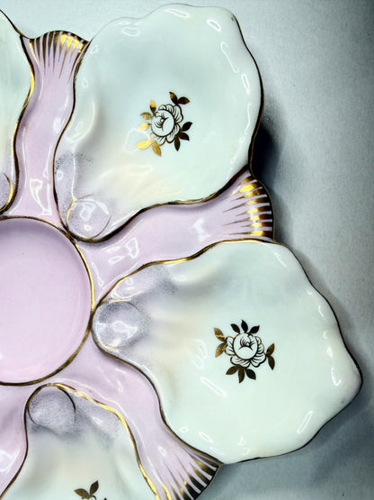 Majolica Scalloped Oyster Plate by Two’s Company Mt Vernon NY Pink & Gold A747