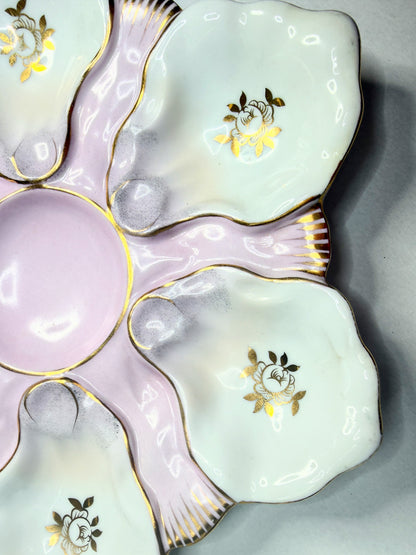 Majolica Scalloped Oyster Plate by Two’s Company Mt Vernon NY Pink & Gold A747