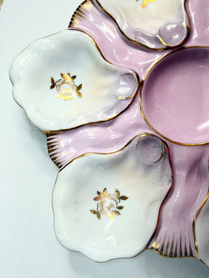 Majolica Scalloped Oyster Plate by Two’s Company Mt Vernon NY Pink & Gold A747