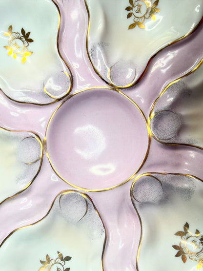 Majolica Scalloped Oyster Plate by Two’s Company Mt Vernon NY Pink & Gold A747