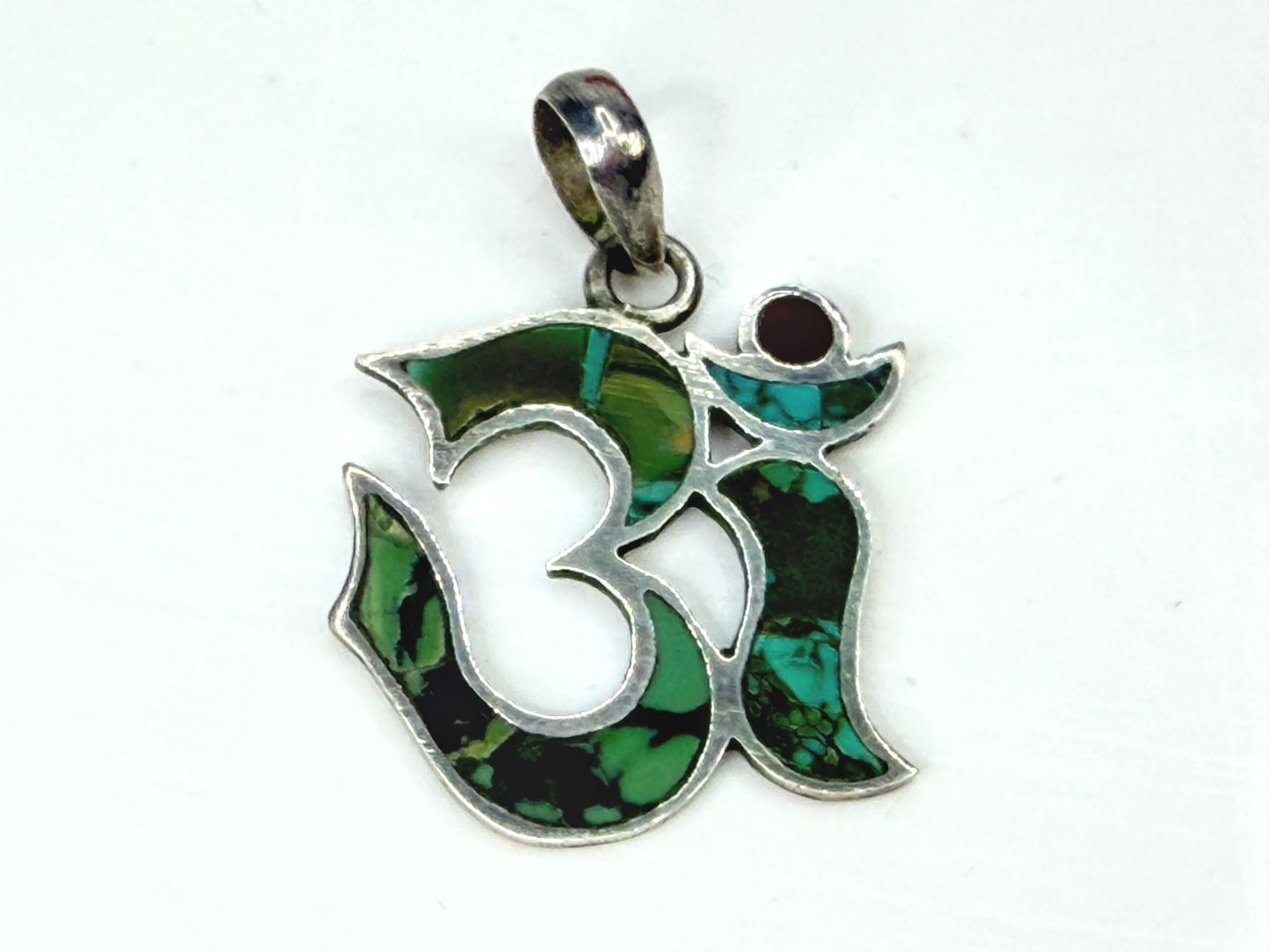 Vintage Sterling Silver Turquoise Inlay Om Pendant Artisan Jewelry JR1979