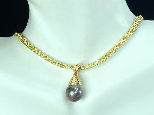 10.8mm Black Pearl Diamond Pendant Fancy Rope link 14K necklace
