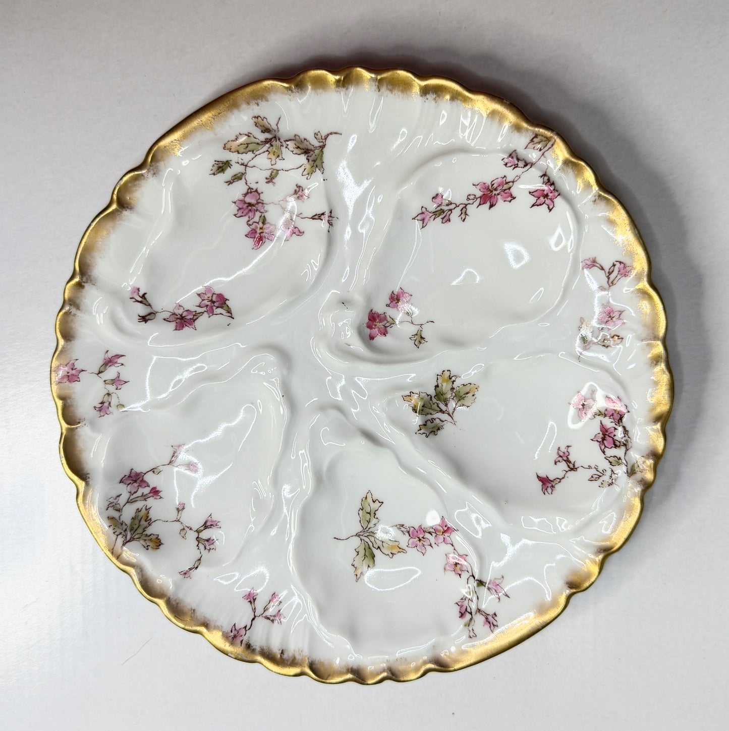 Charles Field Haviland Limoges Oyster Plate Pink Floral Gilt Scalloped 7.5” A750