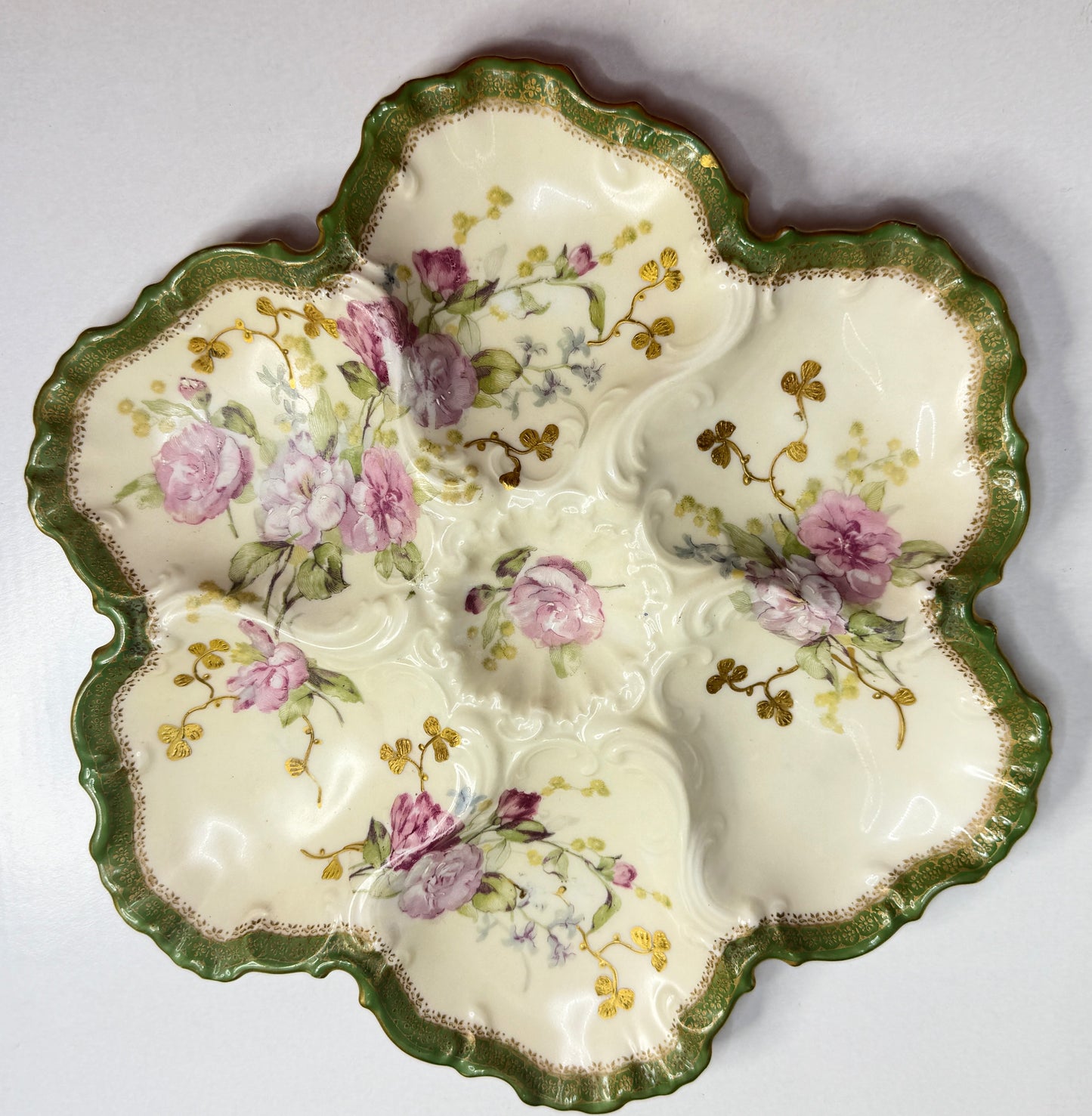 Antique Haviland Limoges Oyster Plate Green Gilt Floral Relief 10" A751