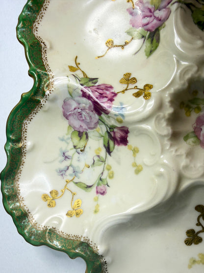 Antique Haviland Limoges Oyster Plate Green Gilt Floral Relief 10" A751