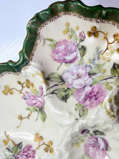 Antique Haviland Limoges Oyster Plate Green Gilt Floral Relief 10" A751