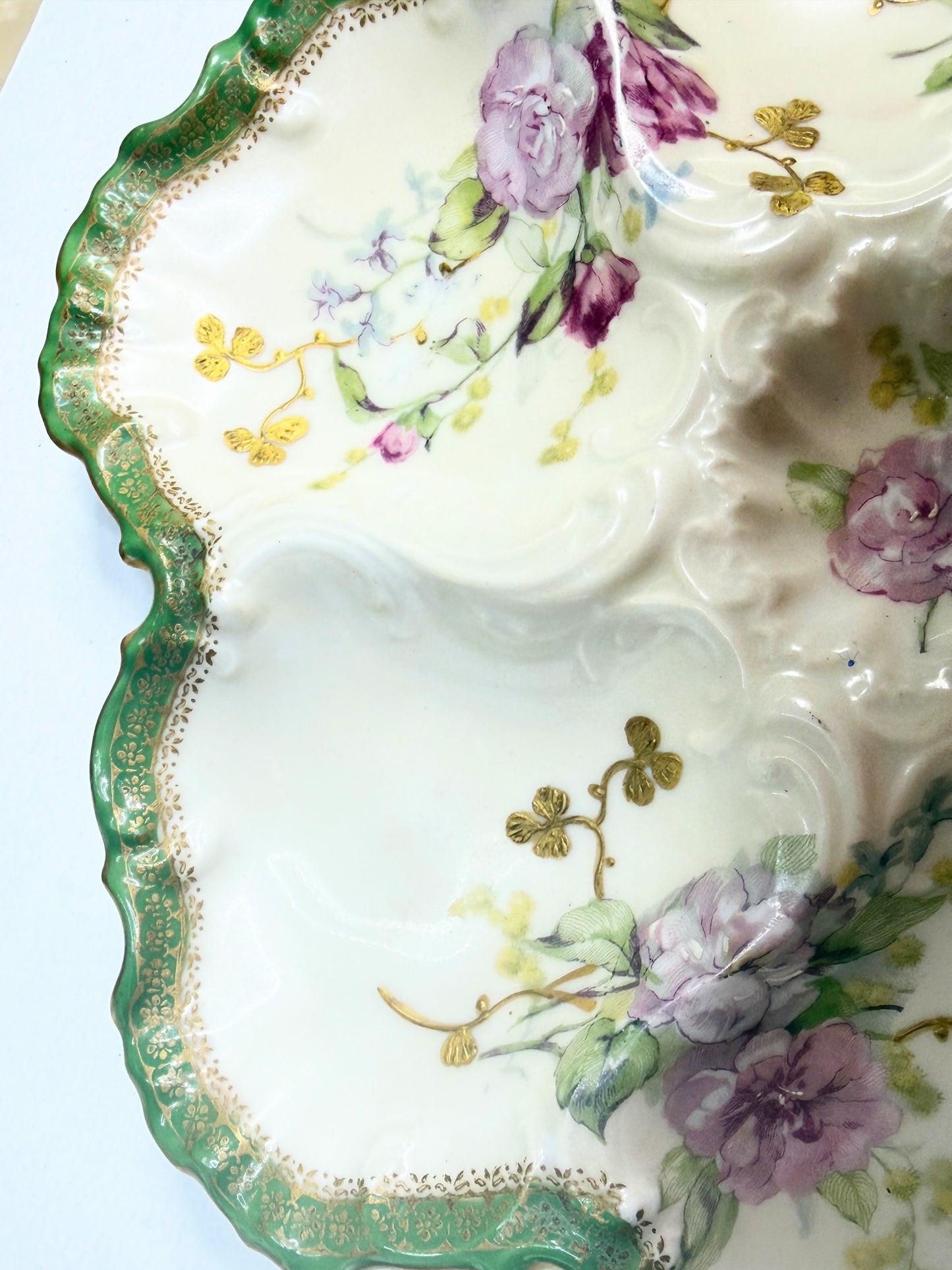 Antique Haviland Limoges Oyster Plate Green Gilt Floral Relief 10" A751