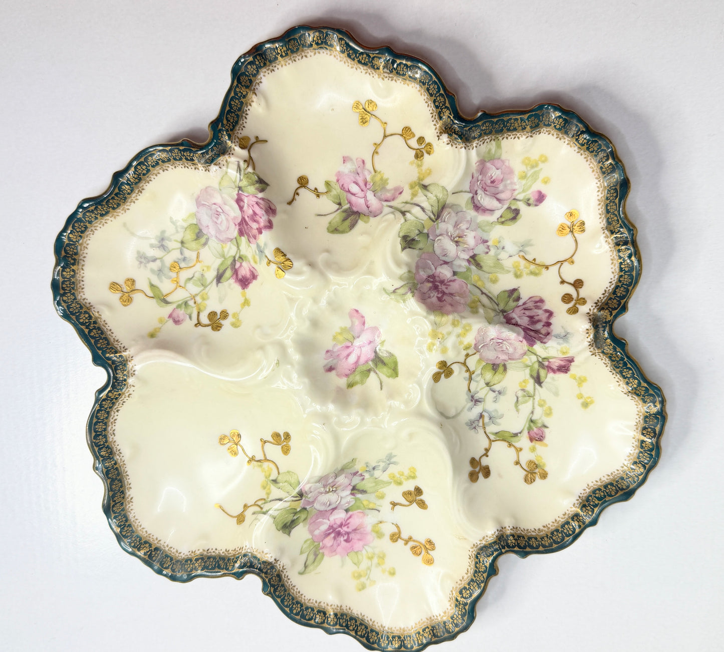 Antique French Limoges Oyster Plate Floral Decoration Forest Green Gilt Rim 10” A752