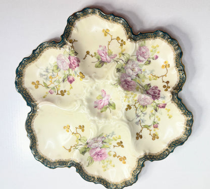 Antique French Limoges Oyster Plate Floral Decoration Forest Green Gilt Rim 10” A752