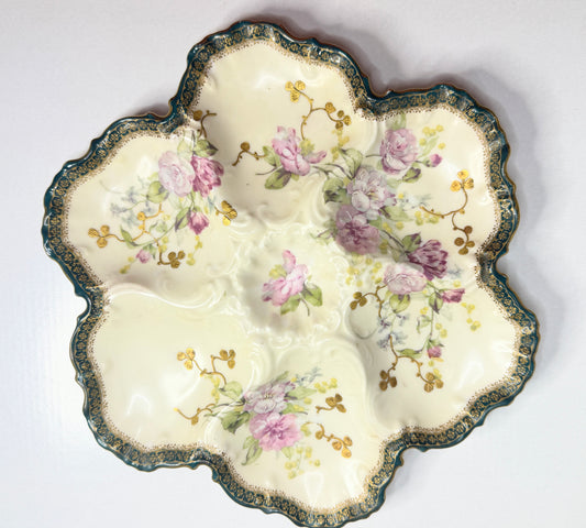 Antique French Limoges Oyster Plate Floral Decoration Forest Green Gilt Rim 10” A752