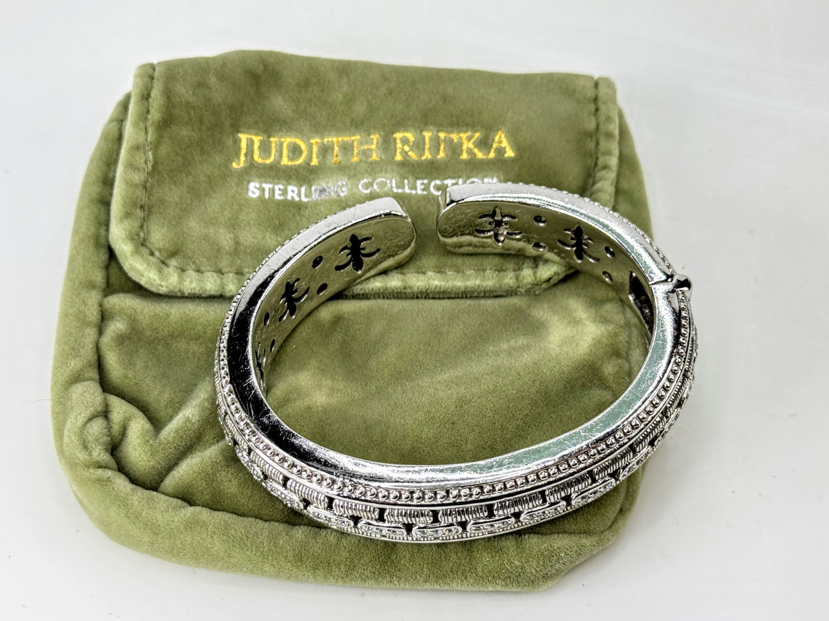 Judith Ripka Sterling Silver CZ Basket Weave Hinged Cuff Bracelet 70.2g JR2089