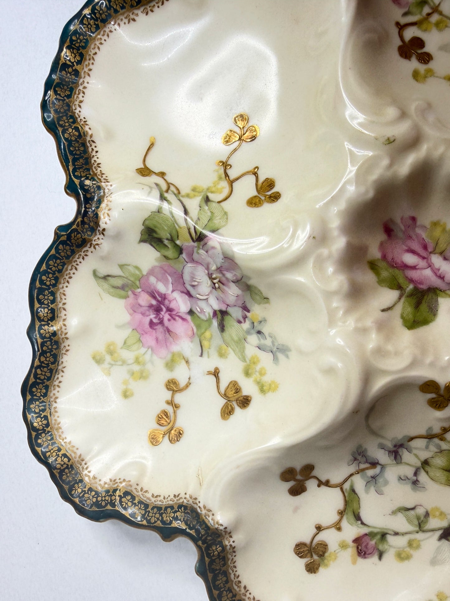 Antique French Limoges Oyster Plate Floral Decoration Forest Green Gilt Rim 10” A752