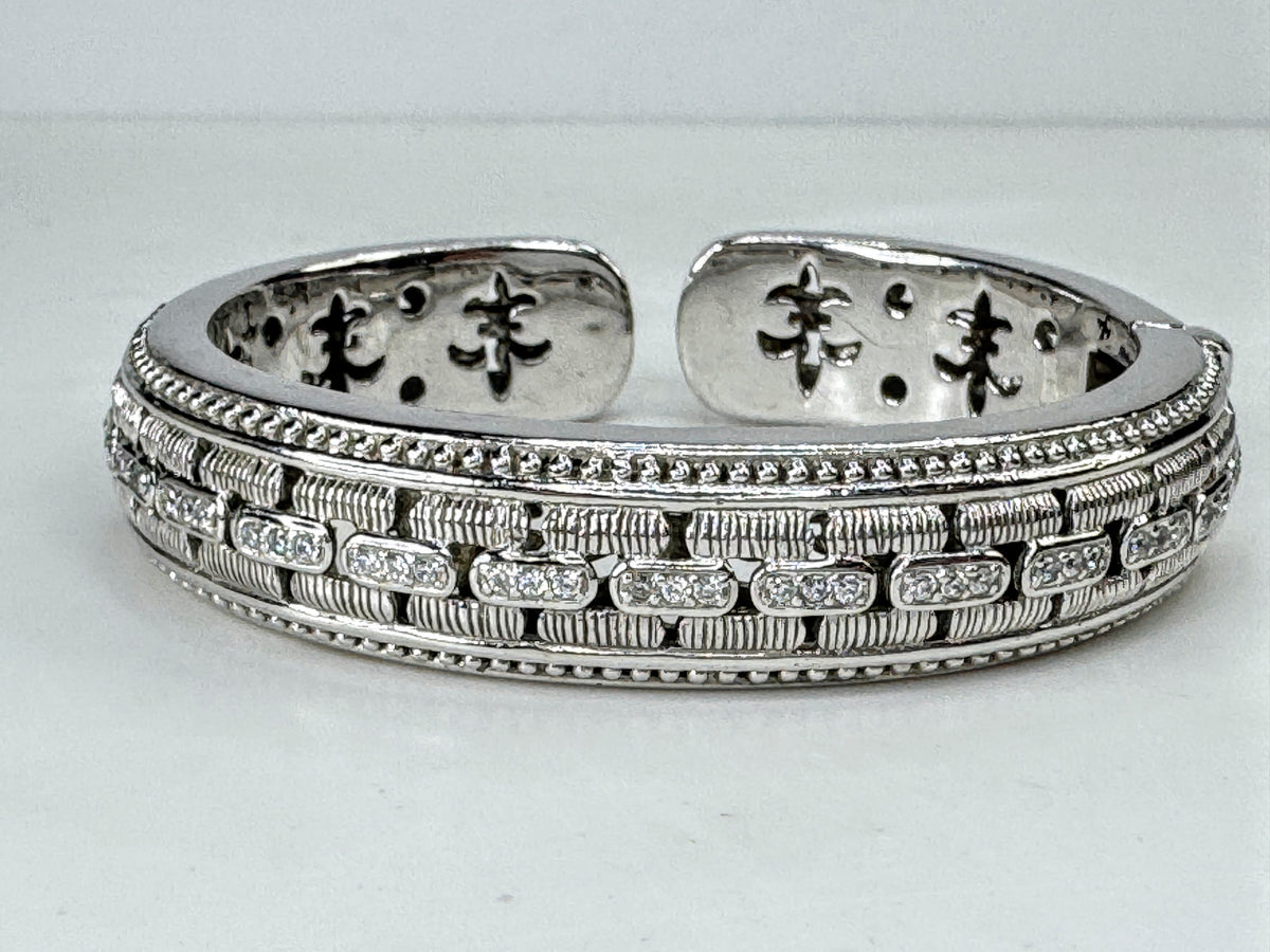 Judith Ripka Sterling Silver CZ Basket Weave Hinged Cuff Bracelet 70.2g JR2089