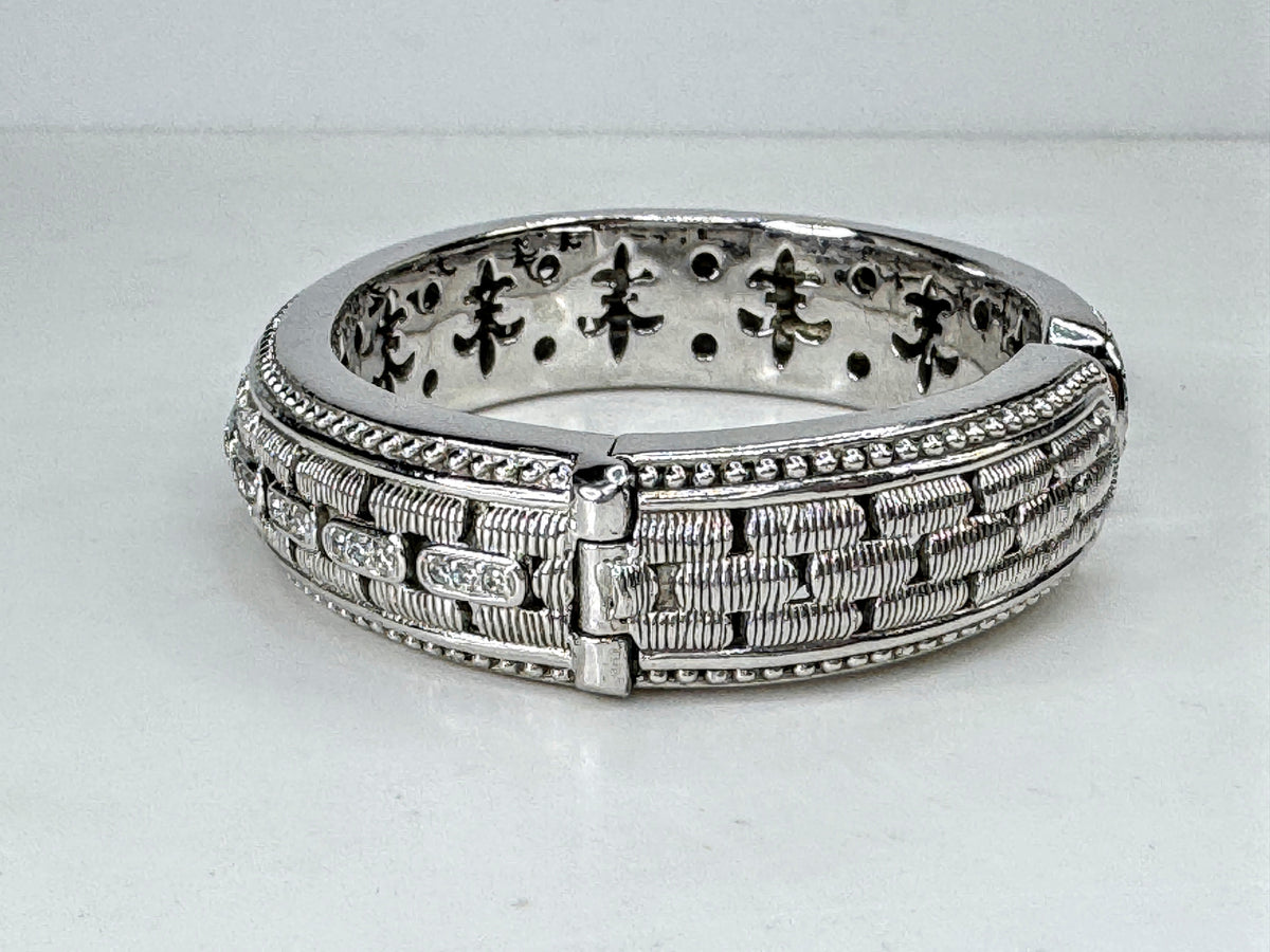 Judith Ripka Sterling Silver CZ Basket Weave Hinged Cuff Bracelet 70.2g JR2089