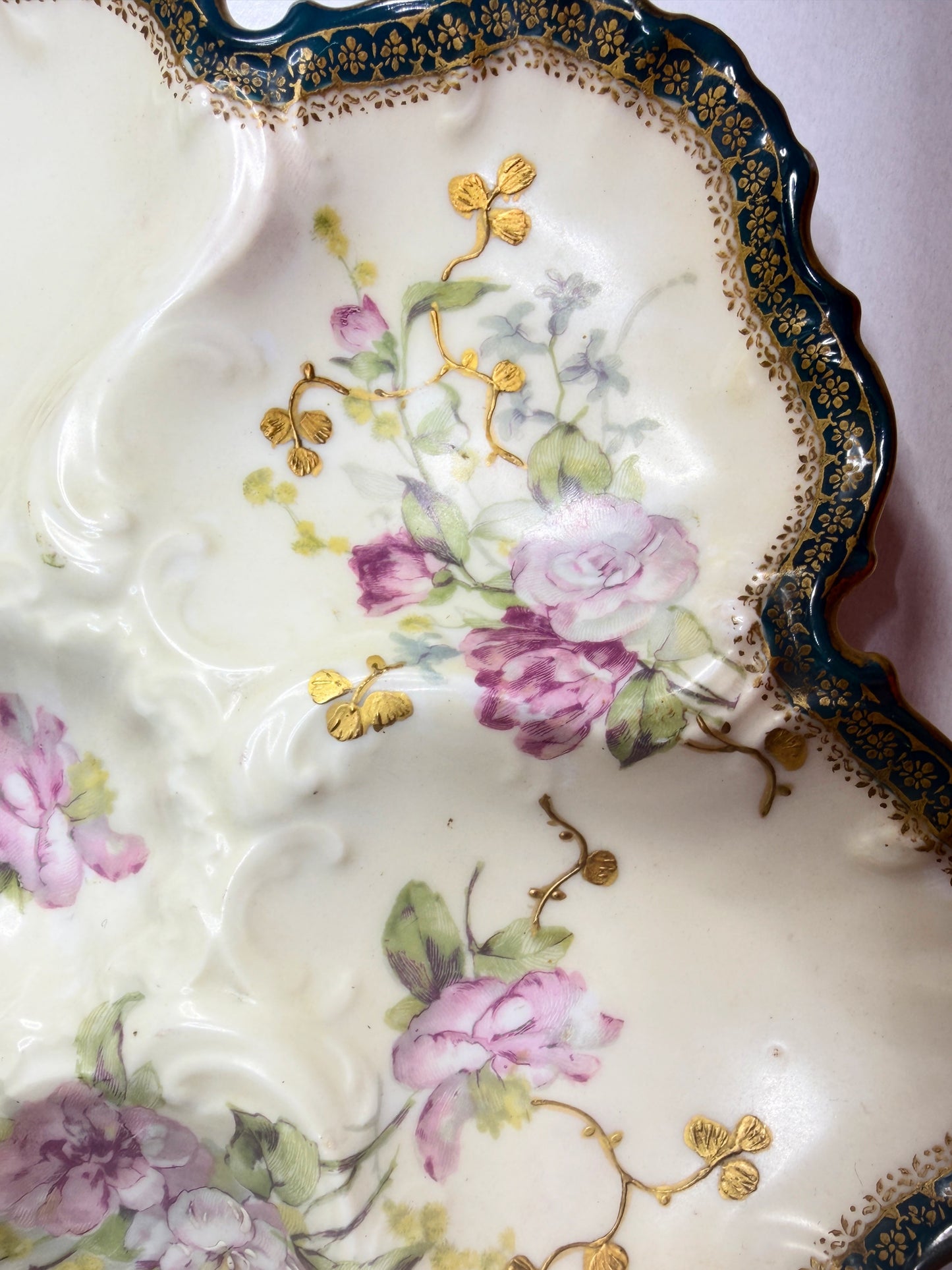 Antique French Limoges Oyster Plate Floral Decoration Forest Green Gilt Rim 10” A752