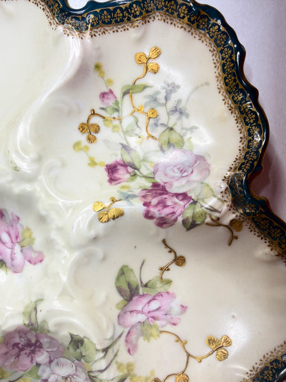 Antique French Limoges Oyster Plate Floral Decoration Forest Green Gilt Rim 10” A752
