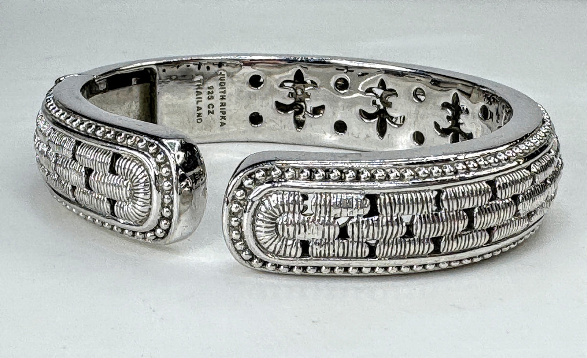Judith Ripka Sterling Silver CZ Basket Weave Hinged Cuff Bracelet 70.2g JR2089
