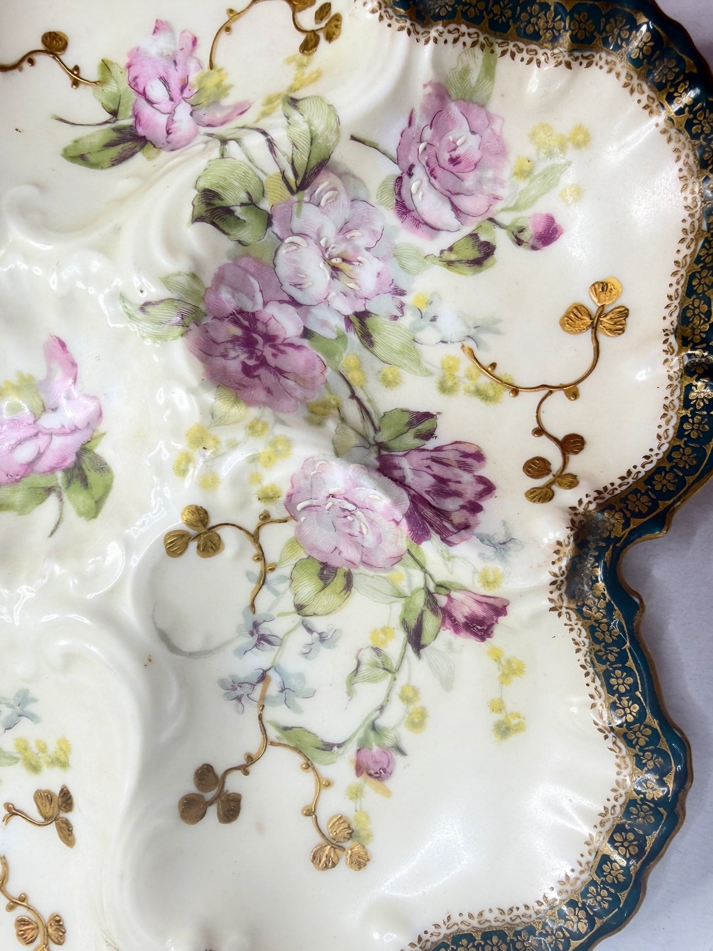 Antique French Limoges Oyster Plate Floral Decoration Forest Green Gilt Rim 10” A752