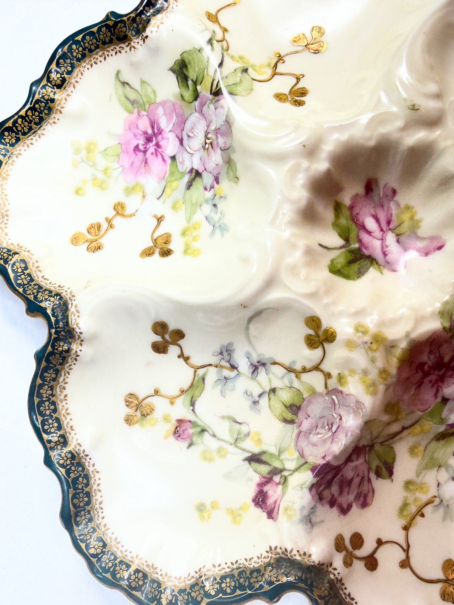 Antique French Limoges Oyster Plate Floral Decoration Forest Green Gilt Rim 10” A752