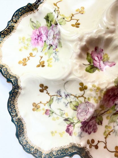 Antique French Limoges Oyster Plate Floral Decoration Forest Green Gilt Rim 10” A752