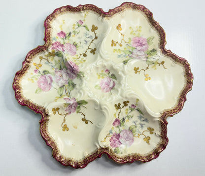 Antique Limoges Oyster Plate 10.0" Rococo Scalloped Burgundy Gilt Floral A753