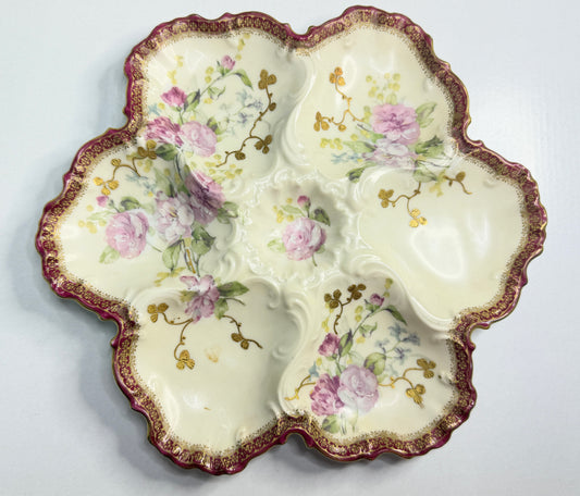 Antique Limoges Oyster Plate 10.0" Rococo Scalloped Burgundy Gilt Floral A753