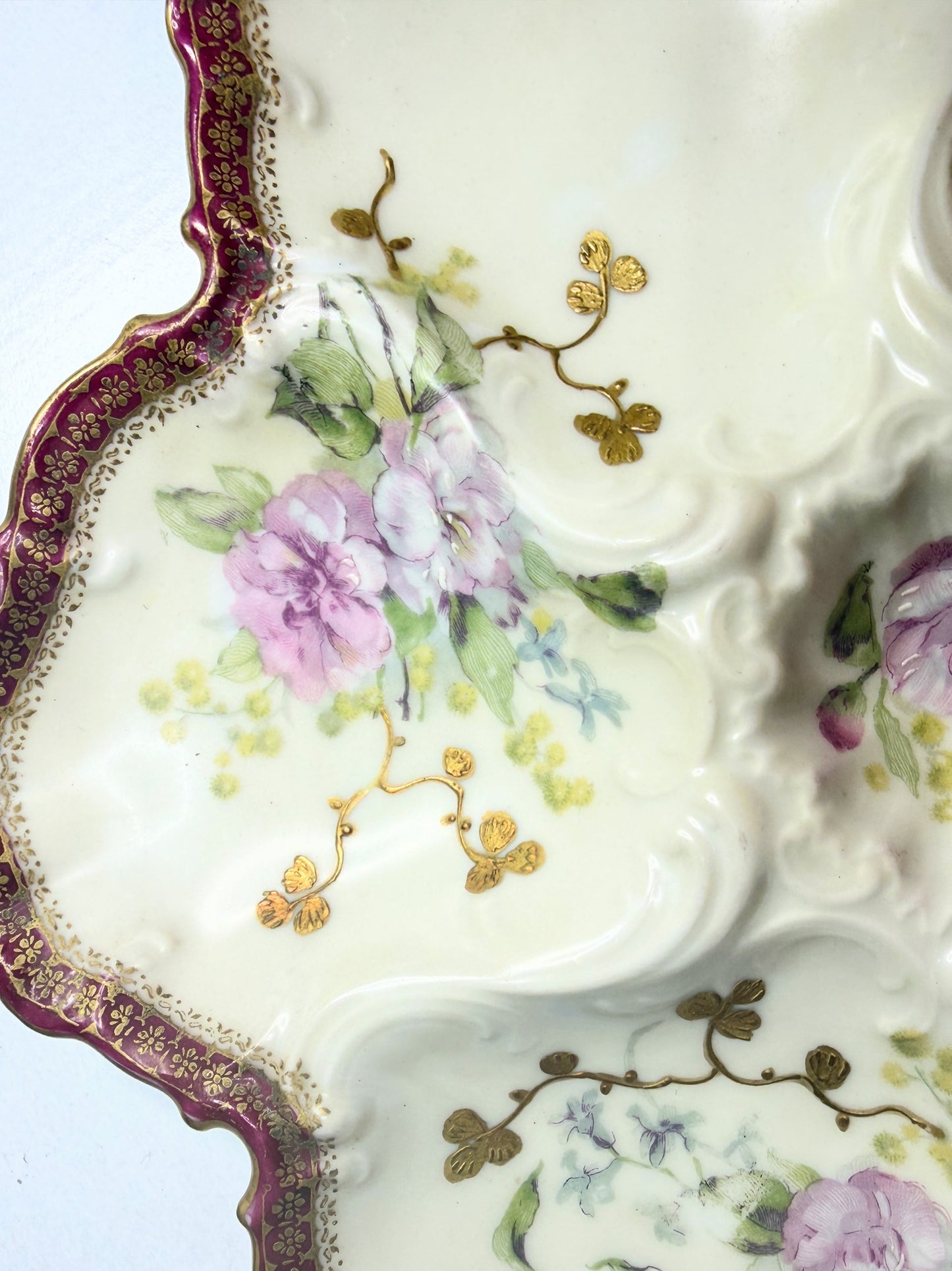 Antique Limoges Oyster Plate 10.0" Rococo Scalloped Burgundy Gilt Floral A753