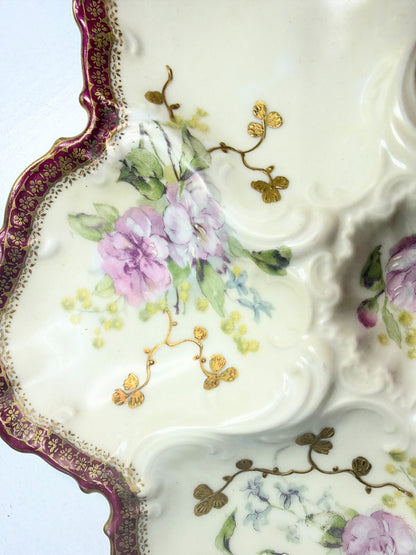 Antique Limoges Oyster Plate 10.0" Rococo Scalloped Burgundy Gilt Floral A753