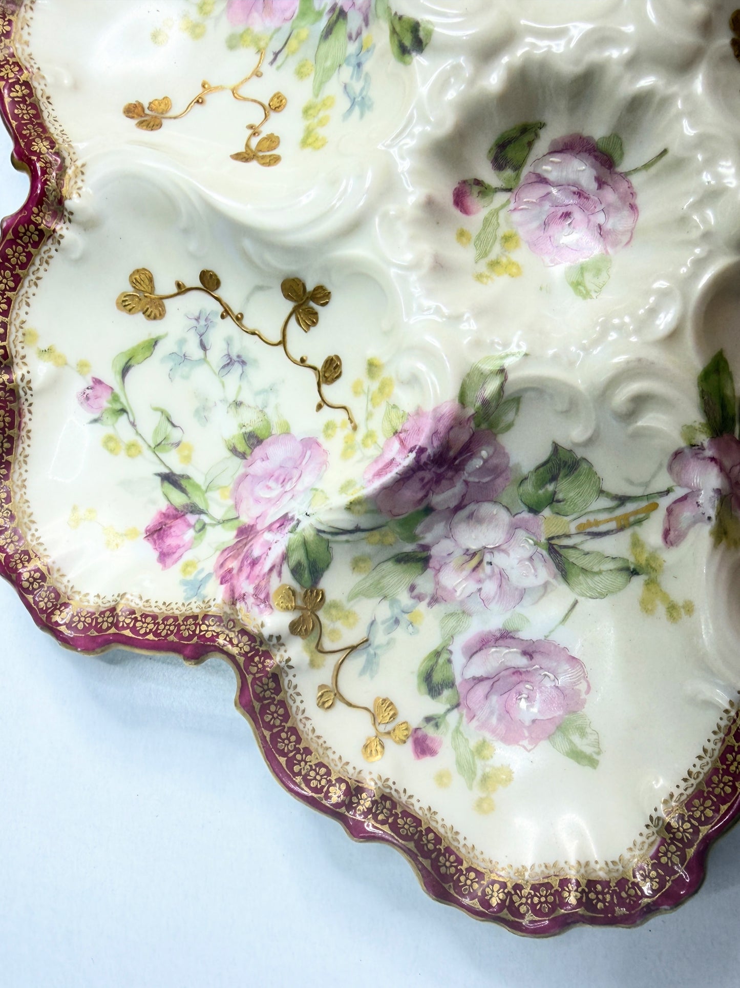 Antique Limoges Oyster Plate 10.0" Rococo Scalloped Burgundy Gilt Floral A753