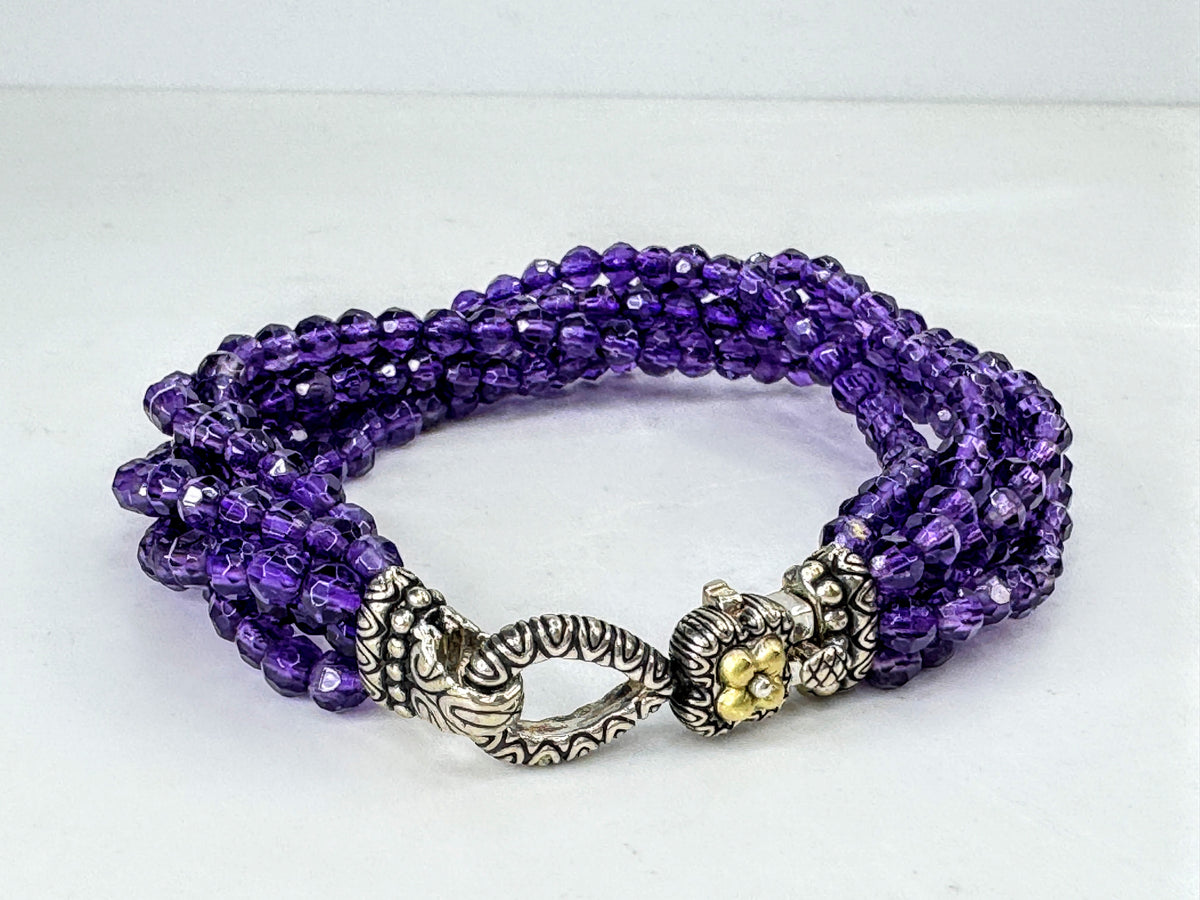 Barbara Bixby 18K Sterling Silver 6-Strand Amethyst Bead Bracelet 8" 29.1gJR2090